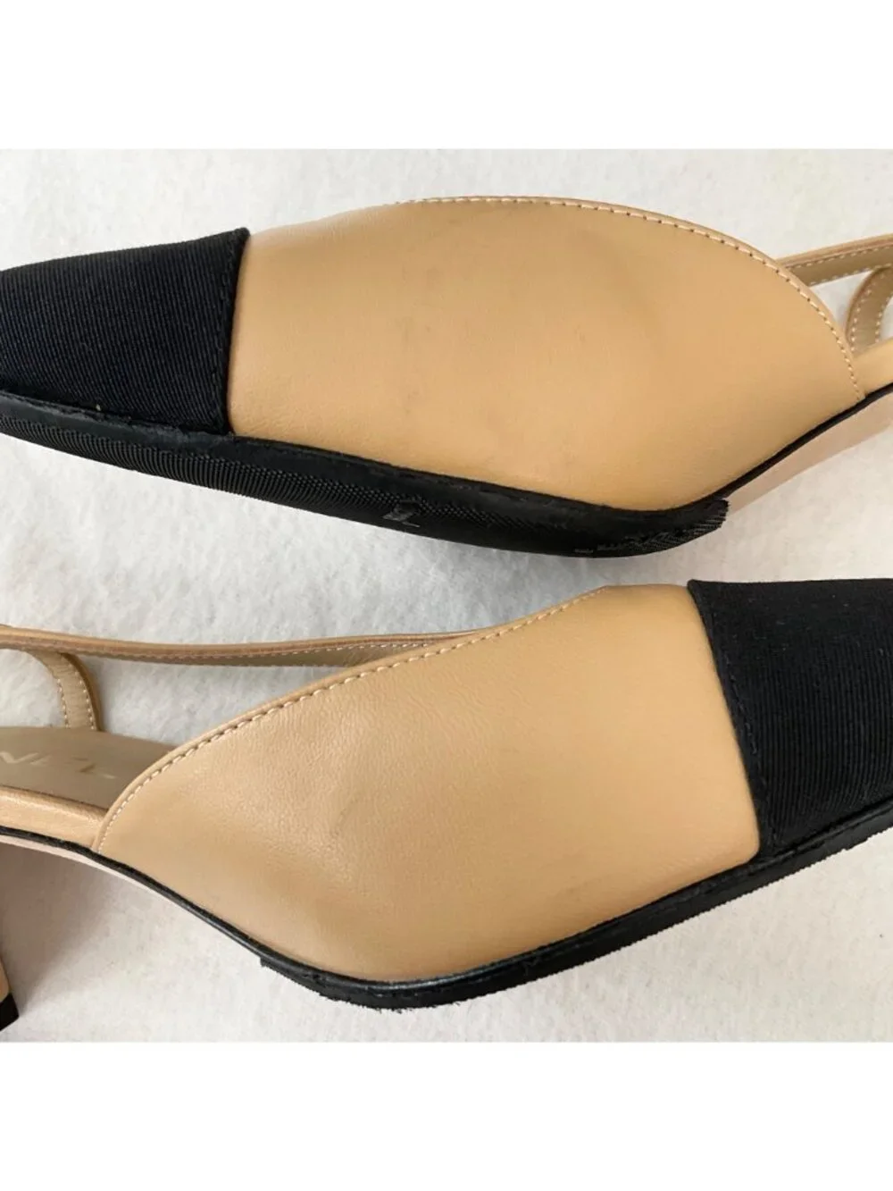 CHANEL Interlocking TWO tone beige Leather Slingback Pumps heels SZ37.5 US7